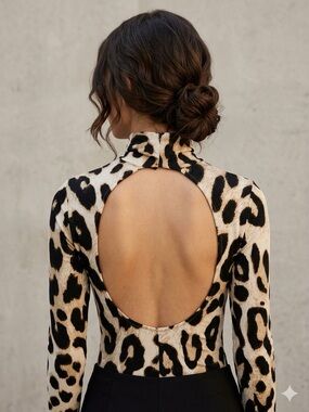 H&M Hennes Collection Leopard Print Open Back Mock Neck Top - NWOT